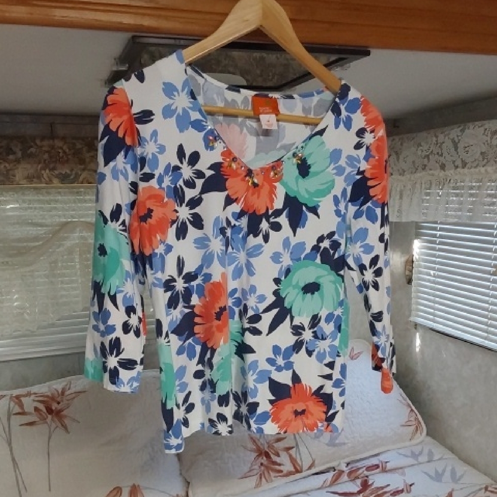 Floral Women's Top with Jewel Neckline By Hearts Of Palm Medium